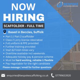 👇 WE ARE HIRING! 👇

*Full time Part 1/Part2 Scaffolder*

To apply please contact:
📧 enquiries@bespokescaffolding.co.uk
📞 Luke - 07799653920